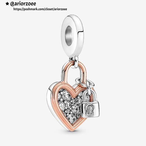 Pandora Heart Padlock Double Dangle Charm|Pendant|Two-tone - Picture 1 of 2
